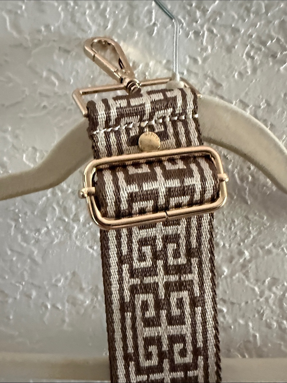 Pom Pom Guitar Strap Brown Geometric Patterned Strap with Gold Clips For Bag
